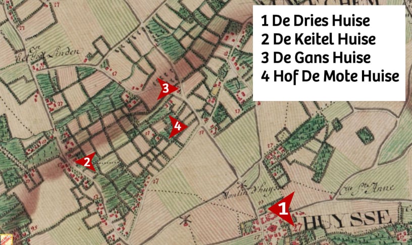 Kaart Huise uit 1778 met vernoemde locaties in Huise